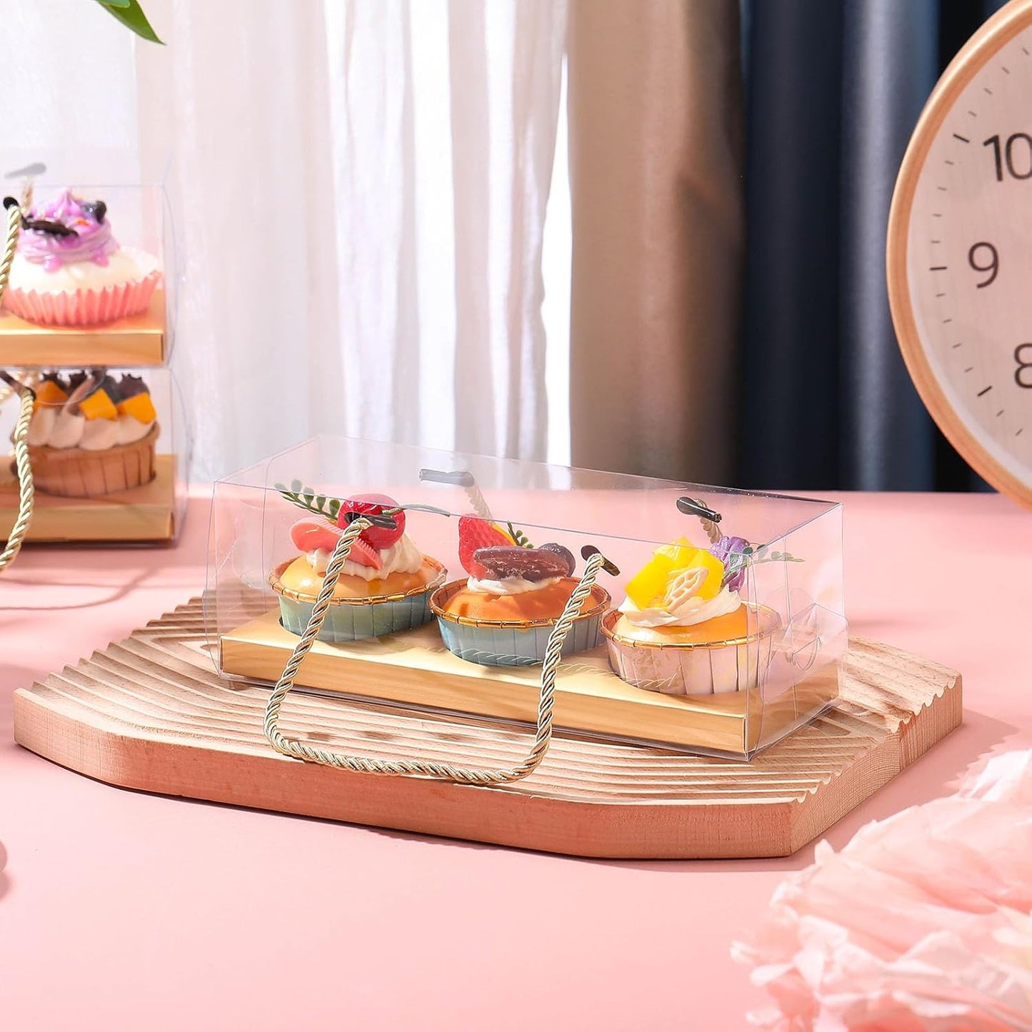 Thenshop 20 Pcs 9 x 3 x 3 Inch Clear Cupcake Boxes with Handle and Inserts 3 Count Portable Pastry Packaging for Cupcakes Carrier Muffin Bakery Containers Mothers Day Wedding Party(Brown)