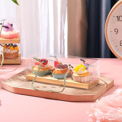 Thenshop 20 Pcs 9 x 3 x 3 Inch Clear Cupcake Boxes with Handle and Inserts 3 Count Portable Pastry Packaging for Cupcakes Carrier Muffin Bakery Containers Mothers Day Wedding Party(Brown)