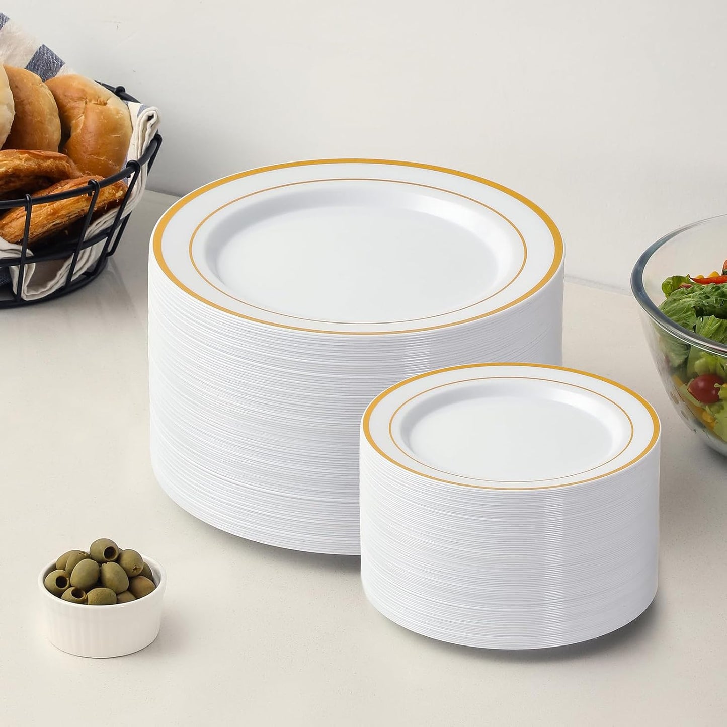 AOZITA 200 PCS White Plastic Plates, Premium Heavy Duty Disposable Plates for Party, 100 Dinner Plates & 100 Salad Dessert Plates, Sturdy Hard Plastic Dinnerware for Wedding, Events