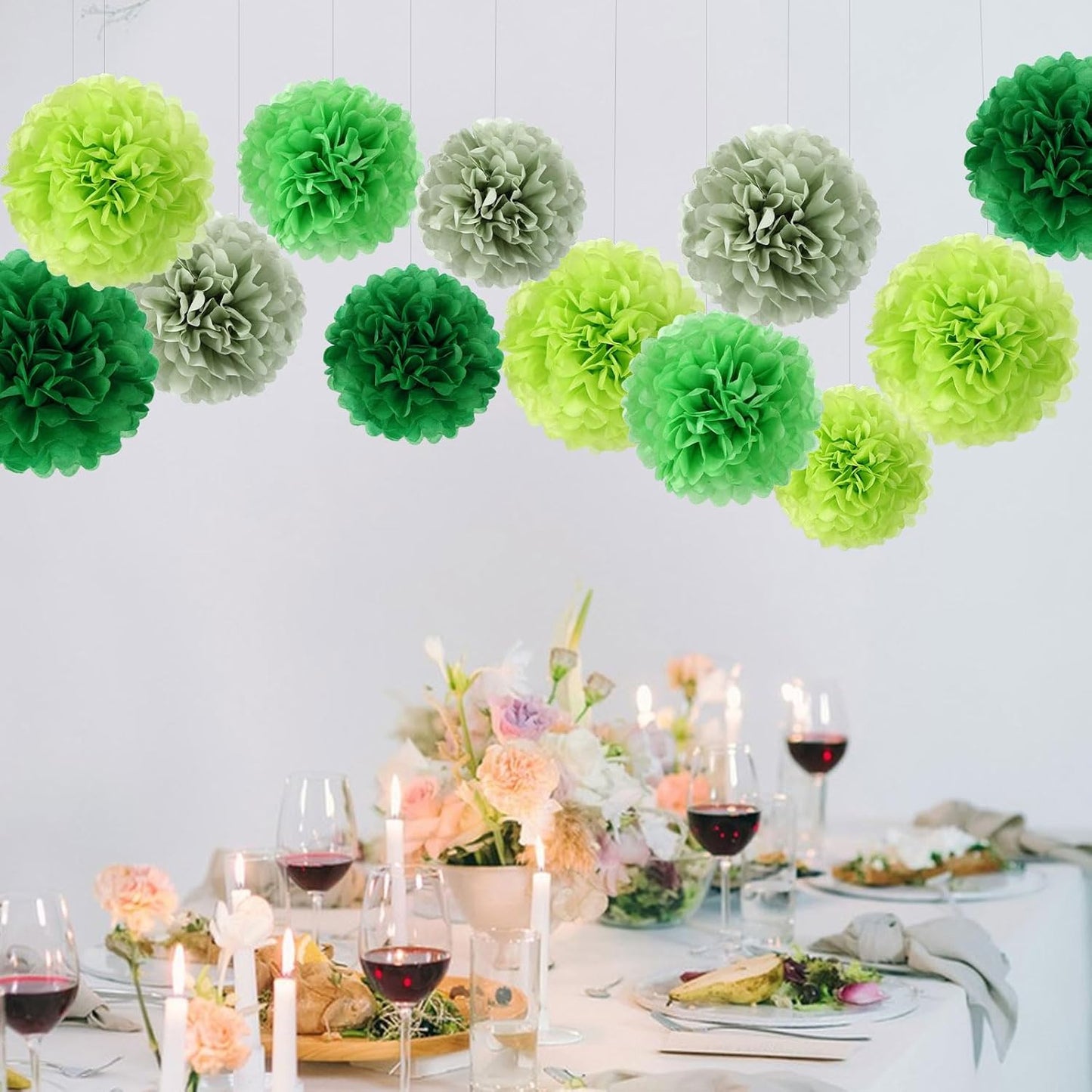 BestoFun 16 PCS Sage Green Party Decorations Tissue Paper Flowers Christmas Party Decors Hanging Pom Poms Decorations for Xmas New Year Winter Holiday Decorations