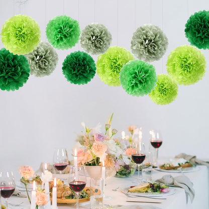 BestoFun 16 PCS Sage Green Party Decorations Tissue Paper Flowers Christmas Party Decors Hanging Pom Poms Decorations for Xmas New Year Winter Holiday Decorations