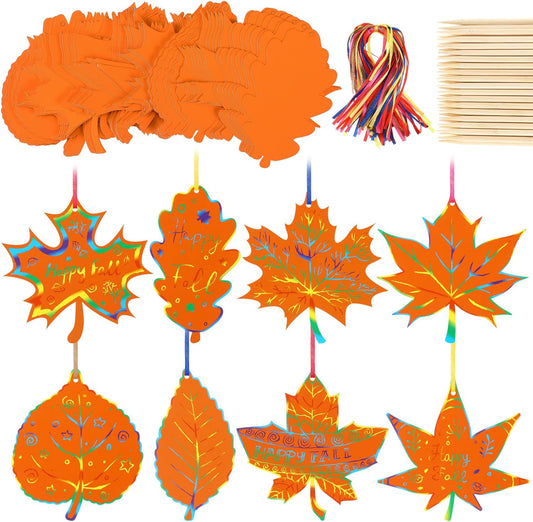 Frienda 80 Sets Fall Crafts Thanksgiving Scratch Crafts Colorful Color Scratch Maple Leaves Art Thanksgiving Arts and Craft for Classroom Activities Party Favors, 8 Design