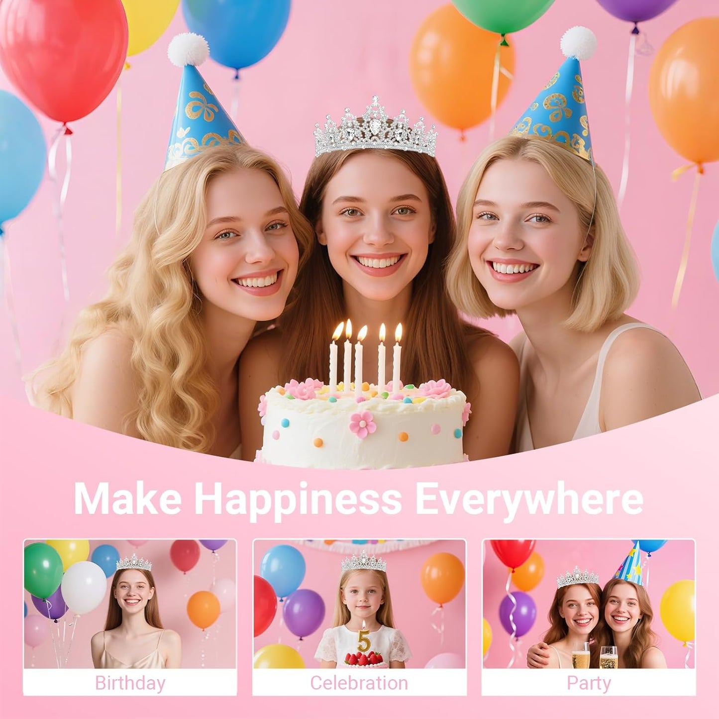 Birthday Tiara and Crown with Sash, Birthday Tiara for Women Party Silver