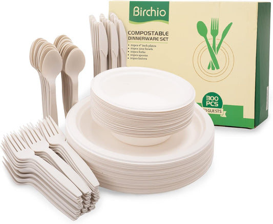250 Piece Biodegradable Paper Plates Set (EXTRA LONG UTENSILS), Disposable Dinnerware Set, Eco Friendly Compostable Plates & Utensil include Plates, Forks, Knives and Spoons for Party