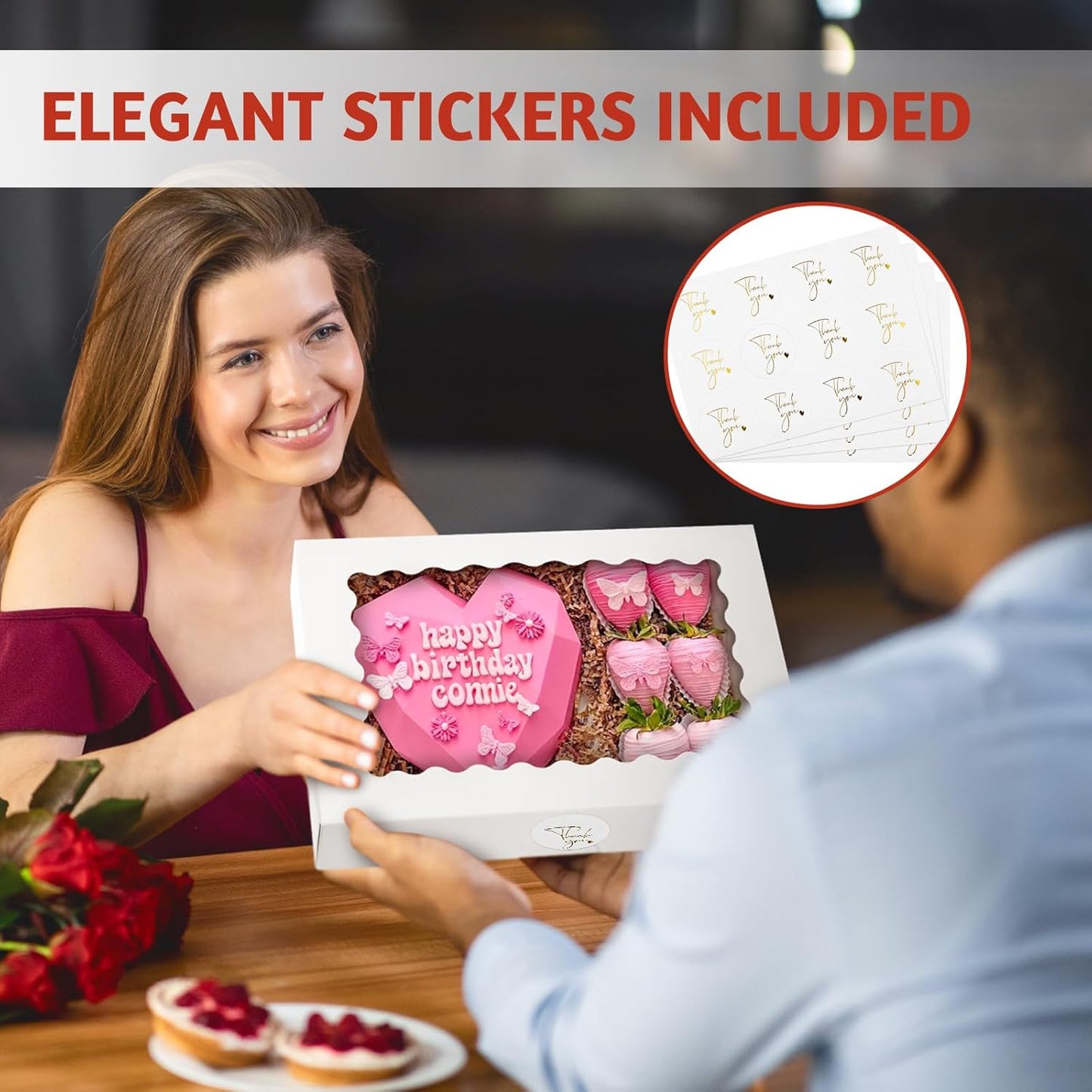 ZORRITA 30 Pack Auto Pop-up Cookie Boxes with Window, 12" x 8" x 2.5" White Bakery Boxes Treat Boxes for Chocolate Covered Strawberries, Breakable Heart, Sugar Cookies, Cake Pops, Donuts, Pastries