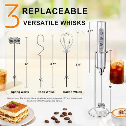 YUSWKO Black Handheld Milk Frother Wand for Coffee, Rechargeable Electric Whisk with 3 Heads 3 Speeds Drink Mixer Coffee Frother For Latte, Cappuccino, Hot Chocolate, Egg
