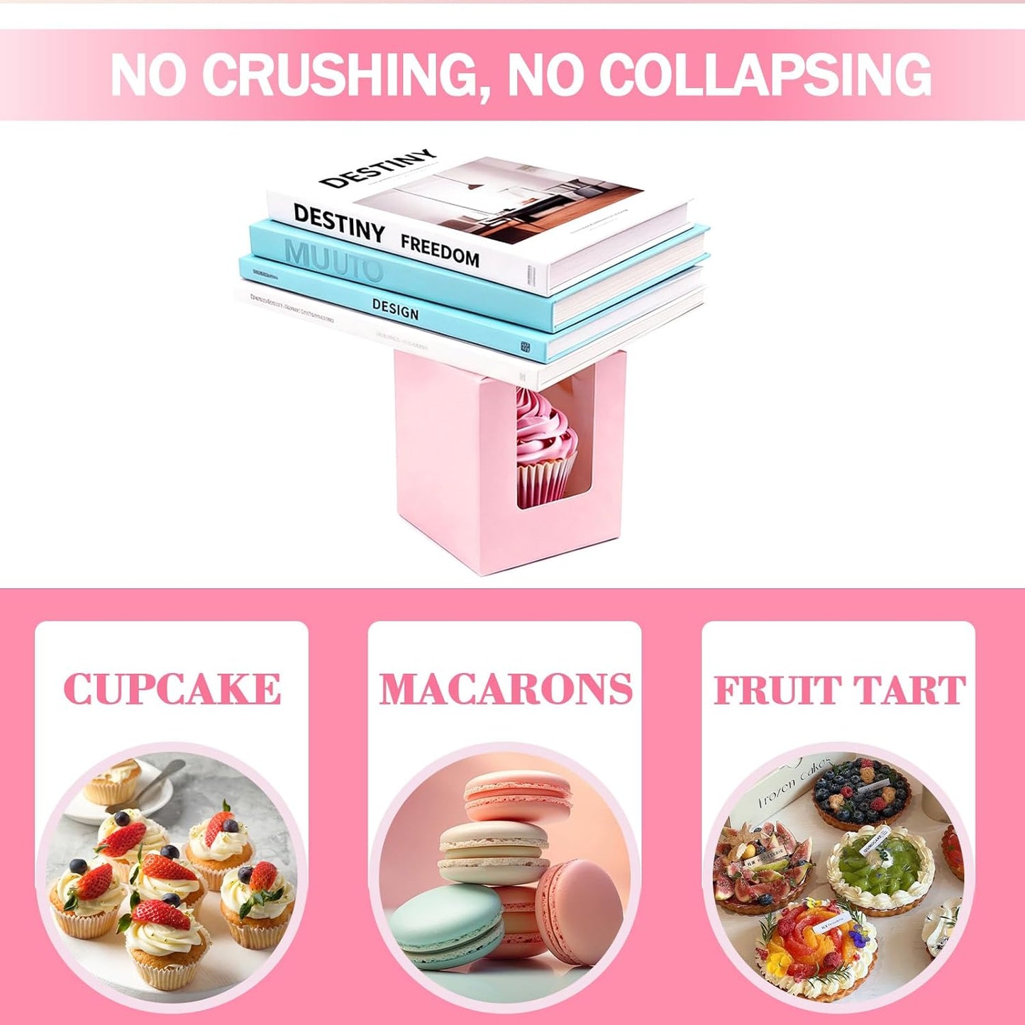 100 Pack Pink Cupcake Boxes Individual with Window, Inserts and Handle, Single Cupcake Containers for Cupcakes, Muffins, Donuts, Cookies, 3.6 x 3.6 x 4.3 Inch