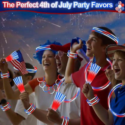 100 Pcs 4th of July Party Favors Glow Sticks with Connectors,Patriotic Glow Stick Red White Blue 3 in 1 Glow Bracelets and Necklaces 4th of July Accessories for Independence Day 250th Anniversary