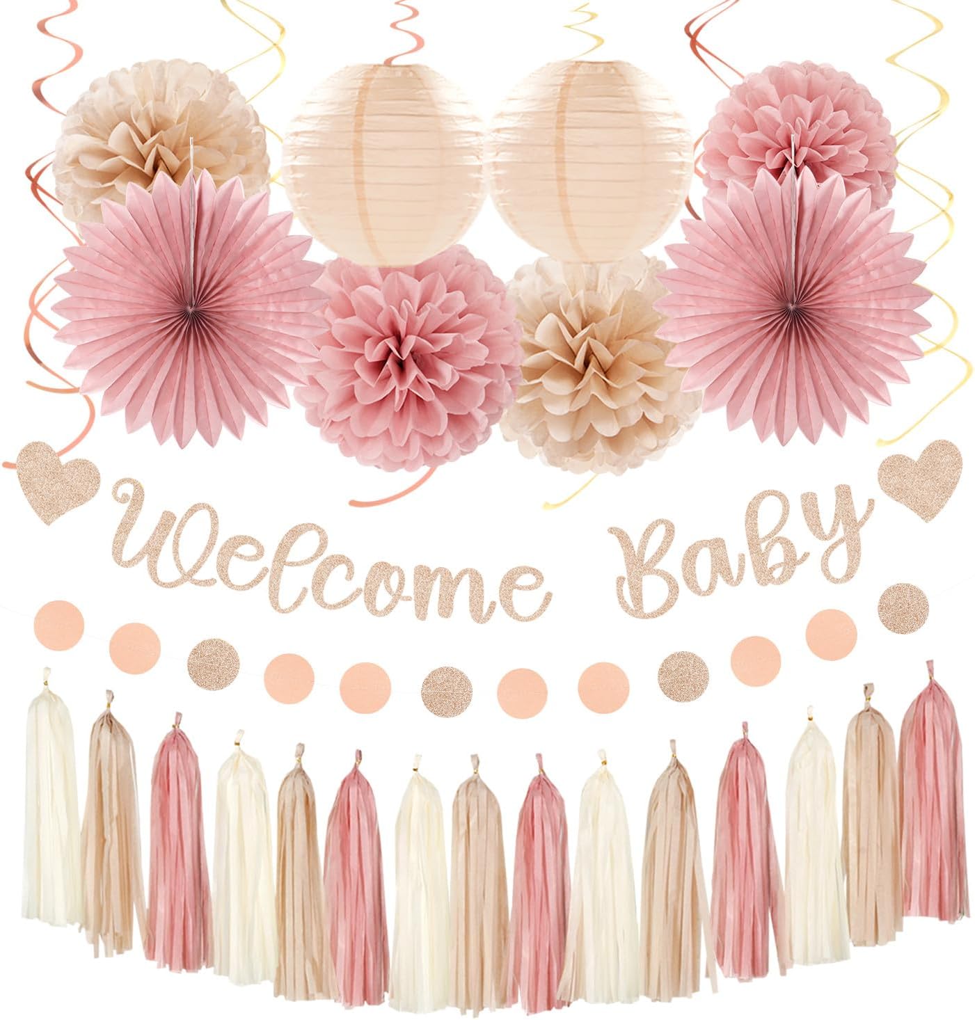 Champagne-Gold Beige Fall Baby-Shower Party-Decorations - 36pcs Welcome Home Banner Sign,Neutral Paper Lanterns,Girl Streamers Garland,Boho Hanging Tissue Pom Poms Flowers Fans Backdrop Decor Burgleda