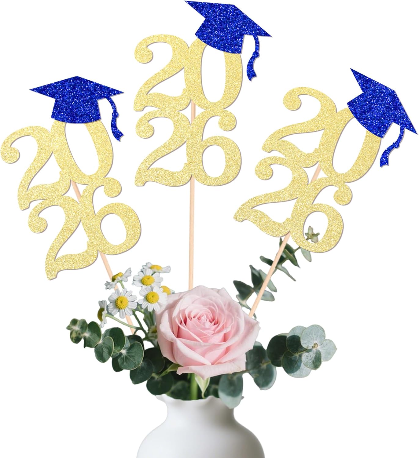 Class of 2026 Graduation Centerpieces, 10 Pcs Gold Glitter 2026 Centerpieces with Graduation Cap, Congrats Grad Party Decorations for Cake, Dessert & Centerpieces