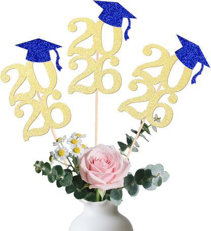Class of 2026 Graduation Centerpieces, 10 Pcs Gold Glitter 2026 Centerpieces with Graduation Cap, Congrats Grad Party Decorations for Cake, Dessert & Centerpieces