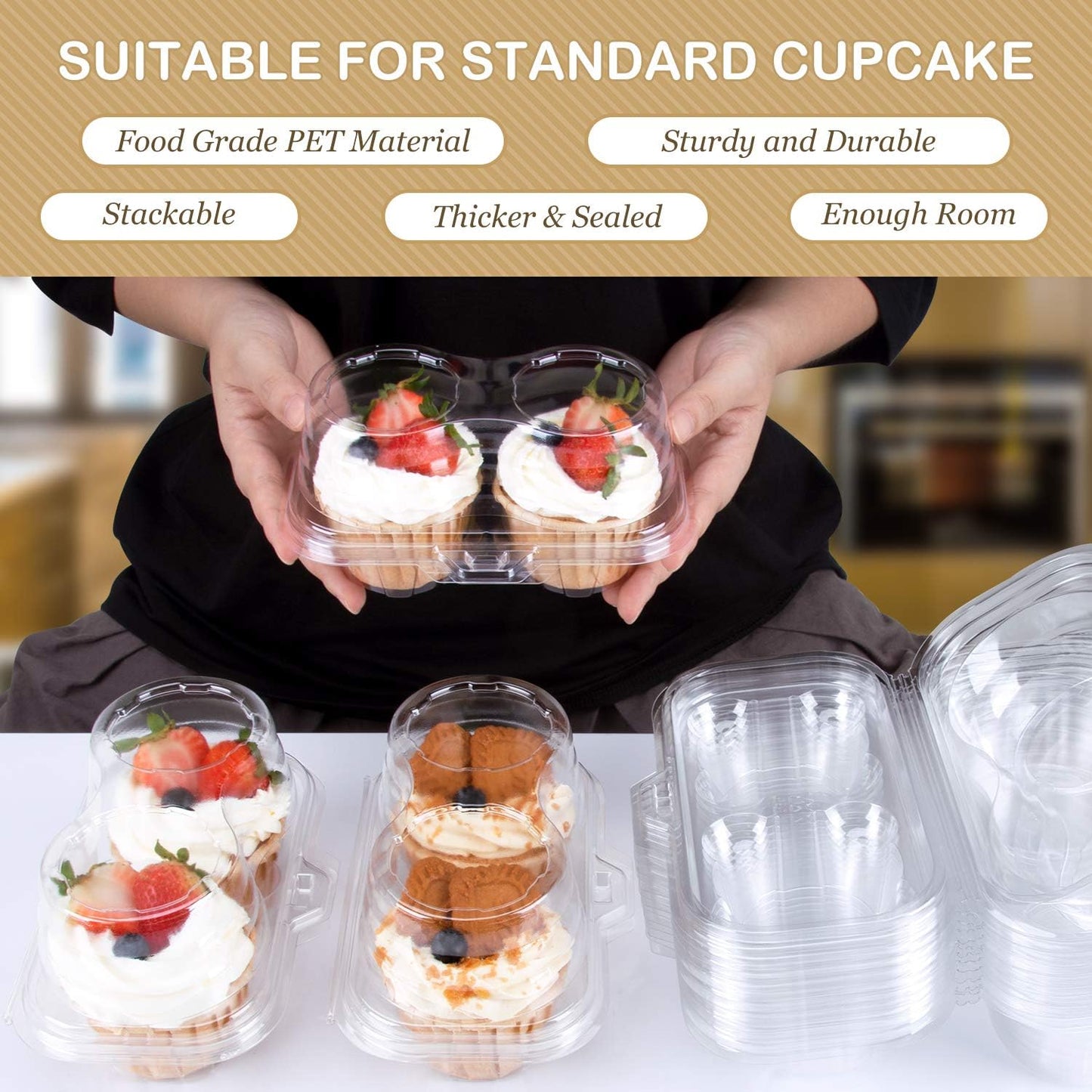 2 Cavity Cupcake Boxes-Stackable Regular Cupcake Carrier Holder, Thicker Clear Cupcake Boxes, Non-slip High Topping Cupcake Containers for Cupcakes, Muffins (50)