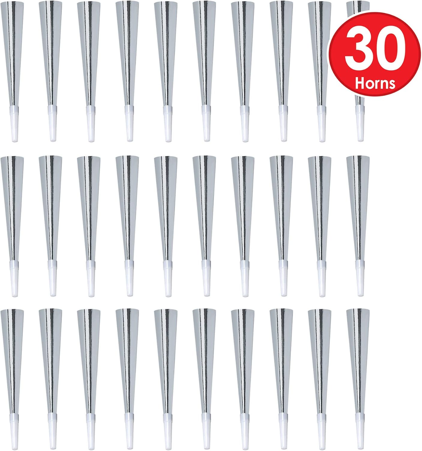 Beistle Silver Foil Horns – 30 Pack, Metallic Noisemakers with Black Mouthpieces for New Year’s Eve, Weddings, Graduations, Anniversaries, Birthday Parties, Corporate Events and Loud Celebrations, 9”