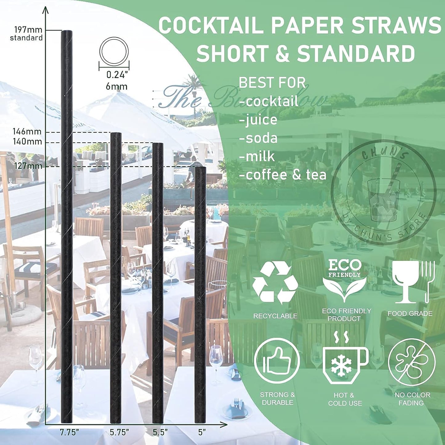 Black Paper Straws, Solid black/250 Bulk, Biodegradable Paper Drinking Straws for Cocktail, Drinks, Bars and Restaurant, 7.75"x0.24"