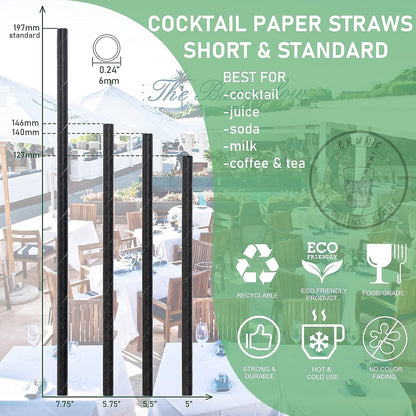 Black Paper Straws, Solid black/250 Bulk, Biodegradable Paper Drinking Straws for Cocktail, Drinks, Bars and Restaurant, 7.75"x0.24"