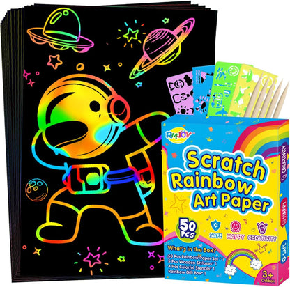 RMJOY Rainbow Scratch Paper Art for Kids: 50PCS Magic Arts Crafts Gifts Toys for Girls Boys Ages 3-12 Games Activities for Birthday Party Family Day Classroom Prizes Easter Basket Stuffers(Boys)