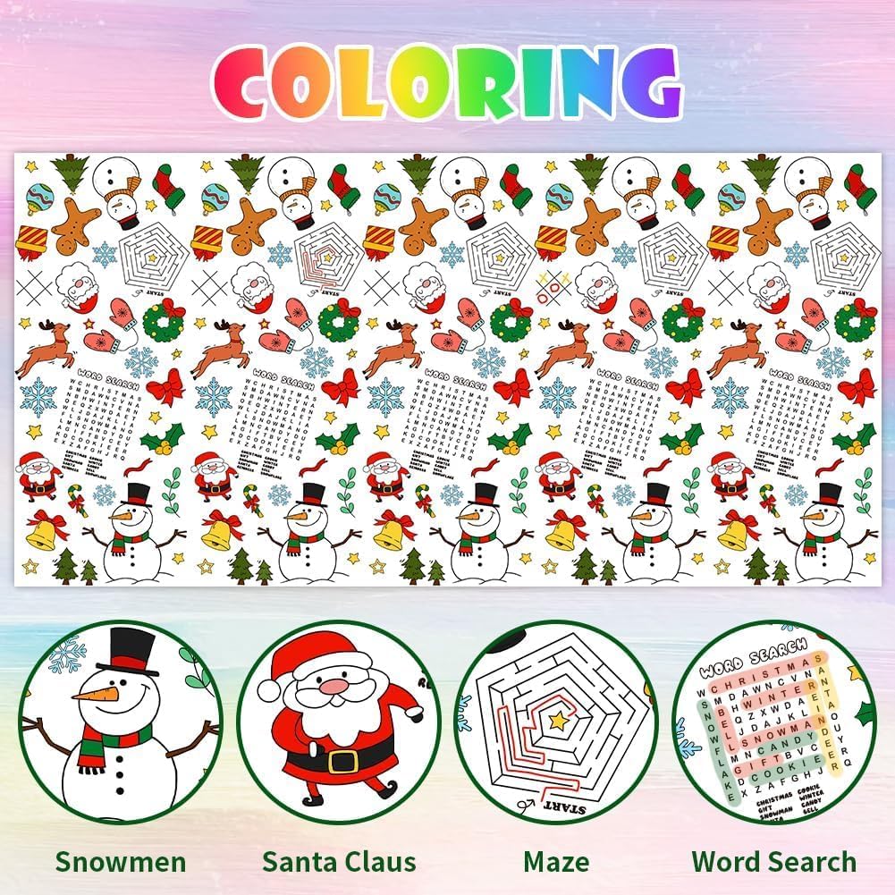 Labeol 1 Pack Christmas Tablecloth, 108"x 54" Christmas Coloring Tablecloth for Kids, Santa Claus Snowman Reindeer Maze Color-in Paper Table Cover for Winter Party Arts and Crafts