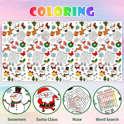 Labeol 1 Pack Christmas Tablecloth, 108"x 54" Christmas Coloring Tablecloth for Kids, Santa Claus Snowman Reindeer Maze Color-in Paper Table Cover for Winter Party Arts and Crafts