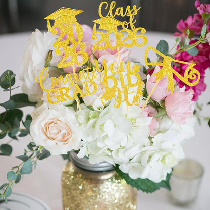 Graduation Centerpiece Sticks 24PCS Glitter Grad Picks Party Table Decor Senior High School College Sign Gold