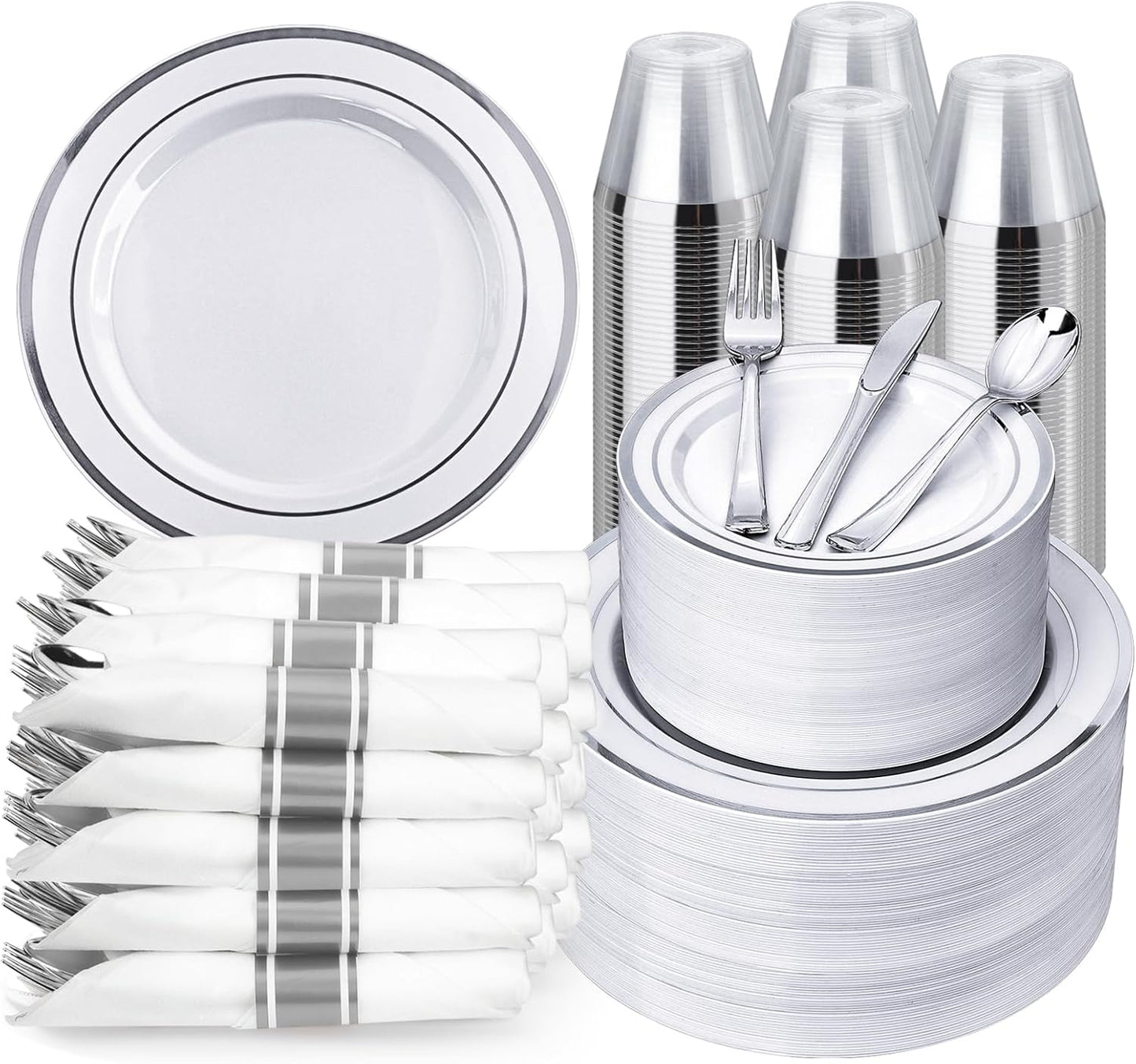 BESTVIP 350PCS Gold Plastic Dinnerware Set, Disposable Party Plates for 50 Guests, Include: 100 Plastic Plates, 50 Pre Rolled Napkins with Gold Silverware, 50 Cups