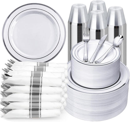 BESTVIP 350PCS Gold Plastic Dinnerware Set, Disposable Party Plates for 50 Guests, Include: 100 Plastic Plates, 50 Pre Rolled Napkins with Gold Silverware, 50 Cups
