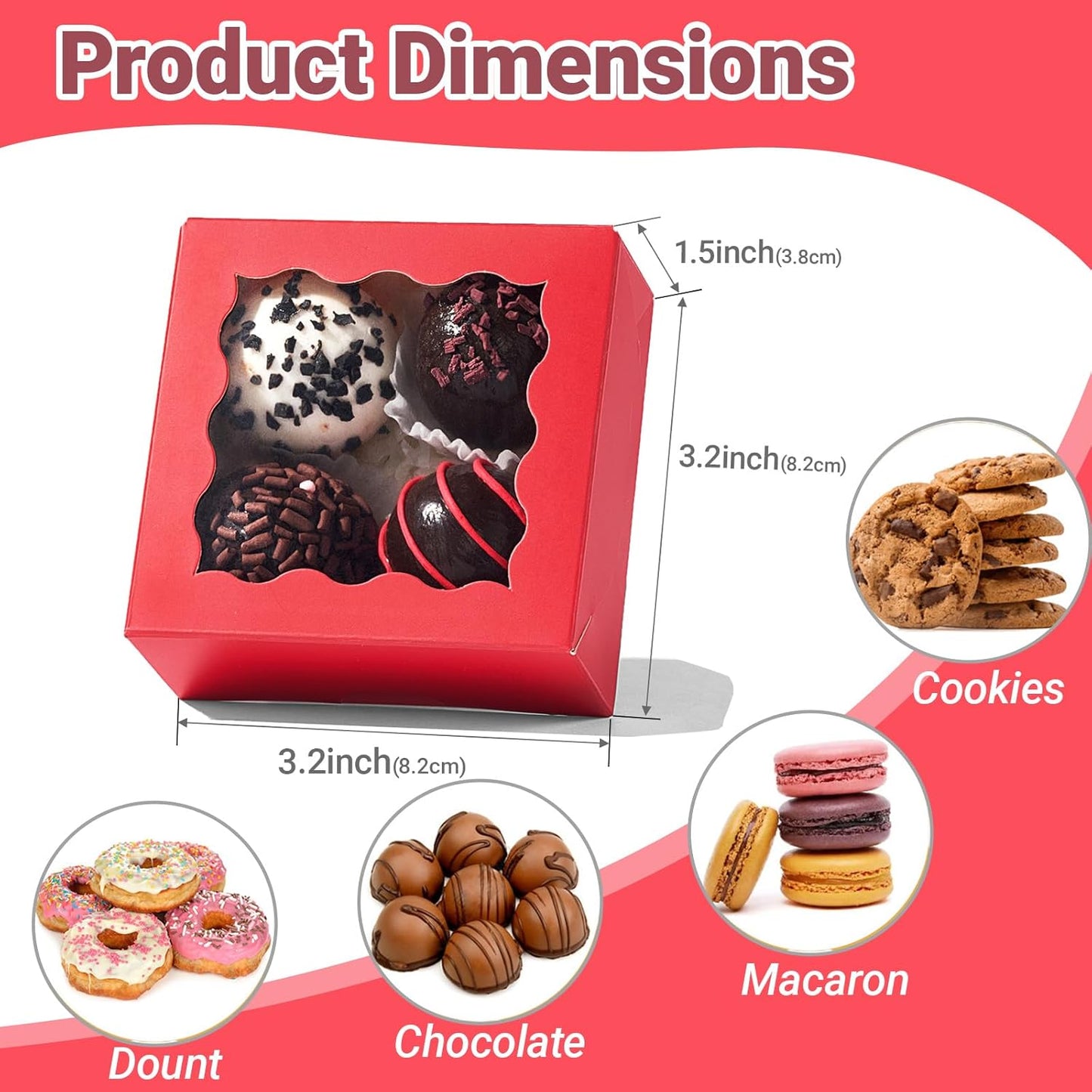 RomanticBaking 3 ¼" x 3 ¼" x 1 ½" 50PCS Chocolate Truffle Boxes for 4，Cookies Boxes Mini Bakery Boxes with Window for Brownie,Soap,Donut