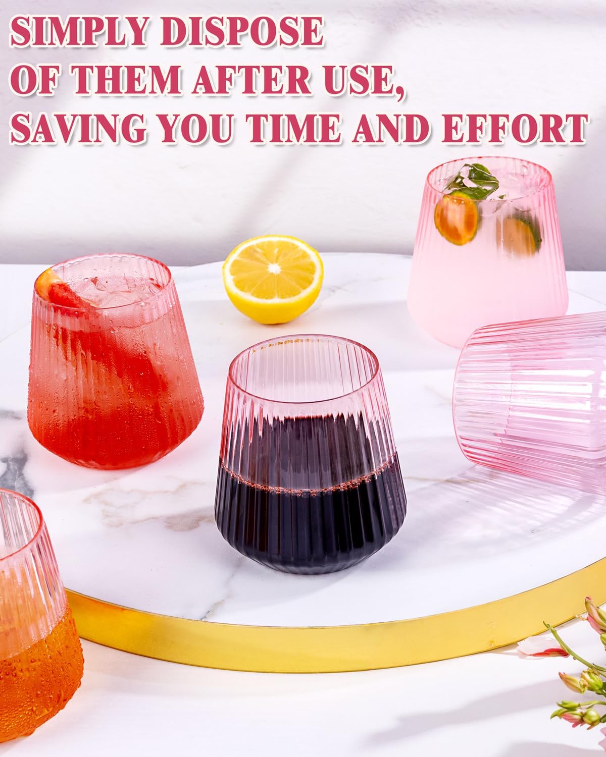 Ciaell 30 Pack Pink Plastic Ribbed Wine Glasses, 12 OZ Origami Stemless Disposable Wine Champagne Whiskey Glasses Unbreakable Clear Plastic Cocktail Glasses, Wine Cups for Party Wedding