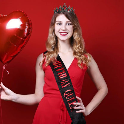 CAVETEE Red Black Birthday Crown and Sash for Women Sash & Rhinestone Tiara Set Red and Black Party Decorations Birthday Queen Crowns Tiaras for Women