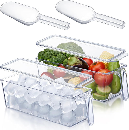Havawish 4 Pcs Ice Storage Bin for Freezer with Lid and Flexible Scoop Set Plastic Ice Container with Lid Handle for Home Office Fridge Storage (12.4 x 8.07 x 3.94 Inches,Clear)