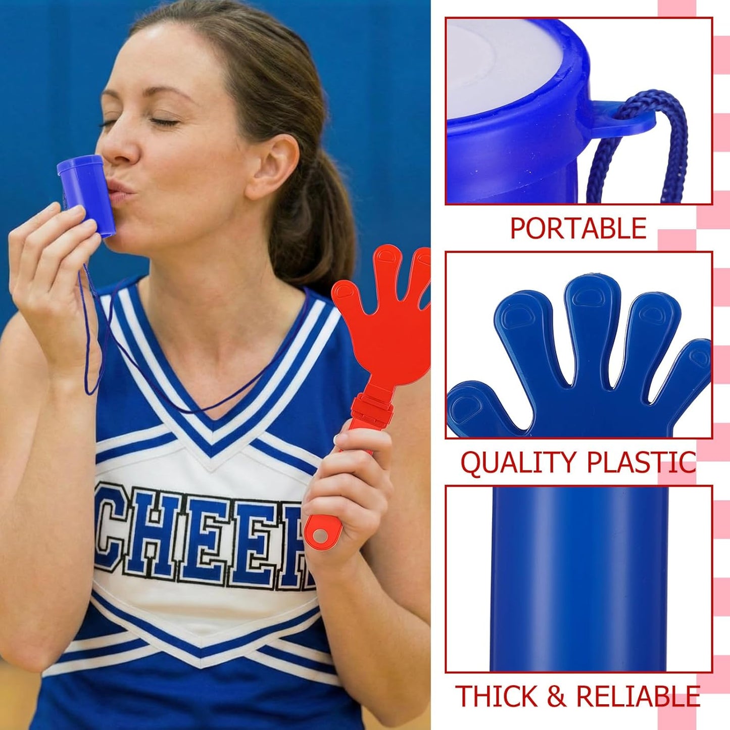 48 Pcs Cheering Noisemakers Set Included 12 Pcs Mini Air Horns Noisemakers 12 Hand Clappers 24 Thunder Sticks for Birthdays Sporting Events (Horn,Blue)
