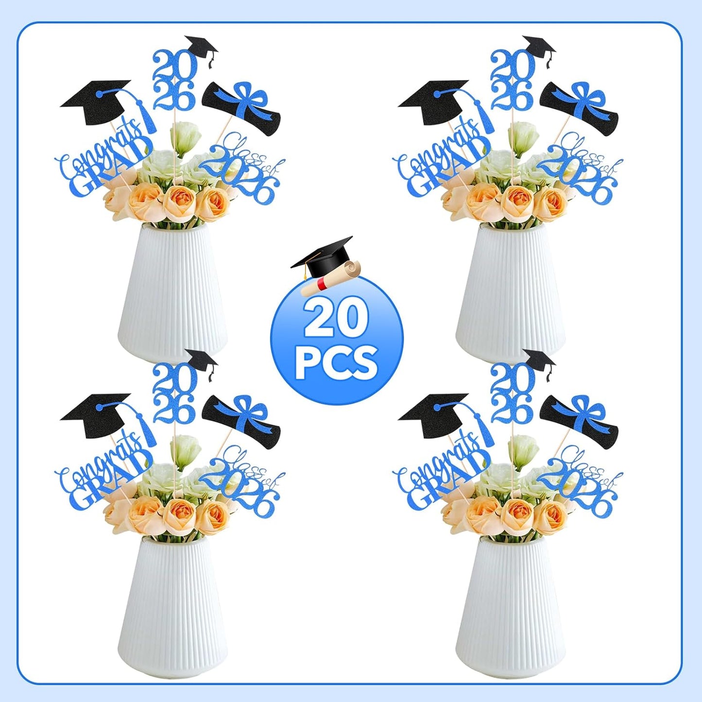 Graduation Decorations 2026, 20 PCS Sparkling Black Double-Sided Centerpiece Sticks for Tables, Class of 2026 Table Toppers and Party Supplies