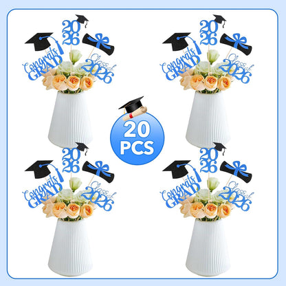 Graduation Decorations 2026, 20 PCS Sparkling Black Double-Sided Centerpiece Sticks for Tables, Class of 2026 Table Toppers and Party Supplies