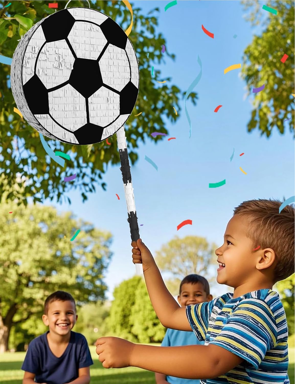 Soccer Piñata – Includes Wooden Stick, Blindfold, and Confetti – 13"x13"x3" – Perfect for Sports Party Decorations and Soccer Pinatas for Birthday Party