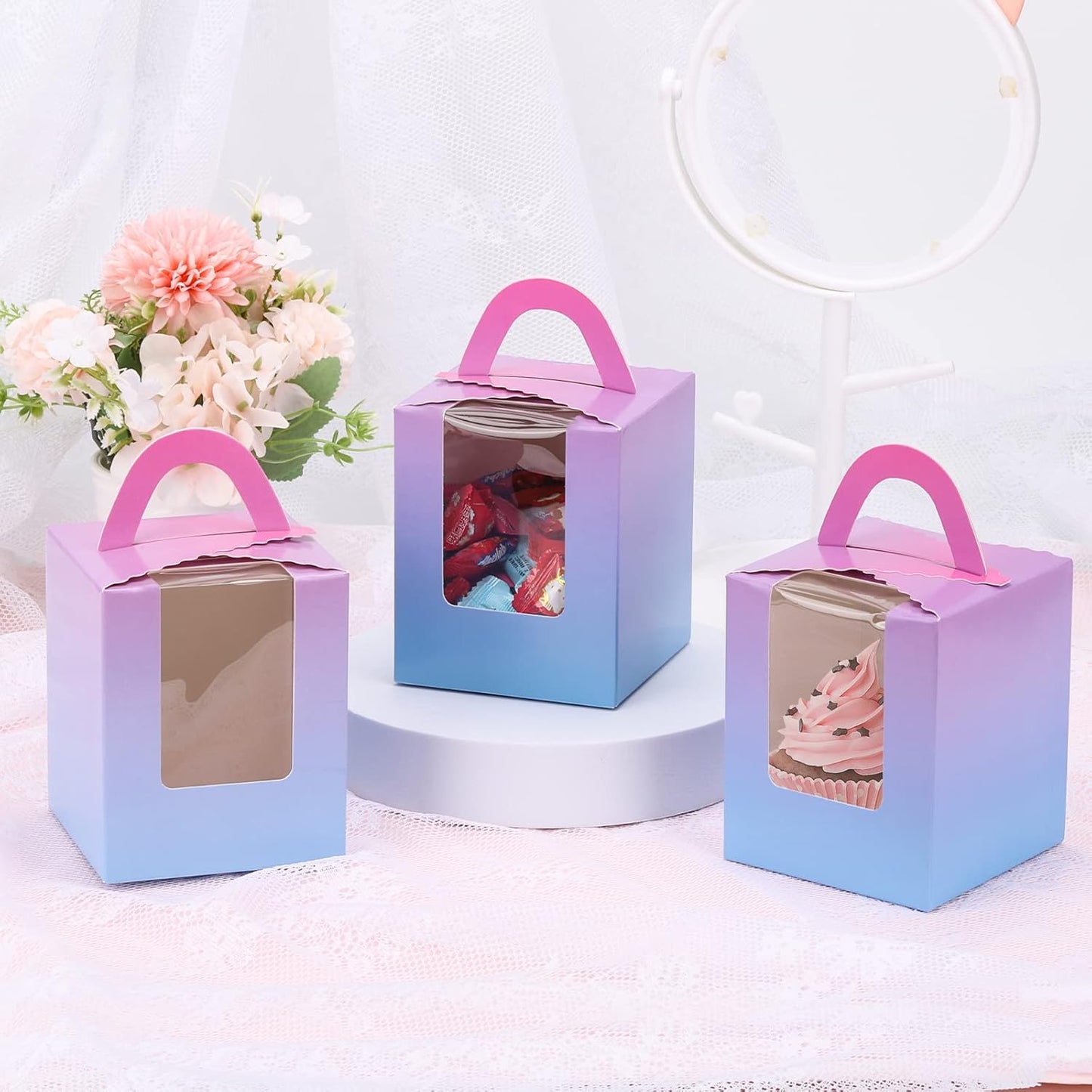 acDesign 100Pcs Cupcake Boxes With Window 3.6in*3.6in*4.3in Single Individual Cupcake Boxes With Handle and Inserts for Wedding Birthday Party Treats Gift,Black