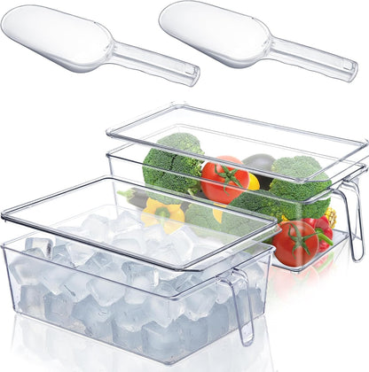 Havawish 4 Pcs Ice Storage Bin for Freezer with Lid and Flexible Scoop Set Plastic Ice Container with Lid Handle for Home Office Fridge Storage (12.4 x 8.07 x 3.94 Inches,Clear)