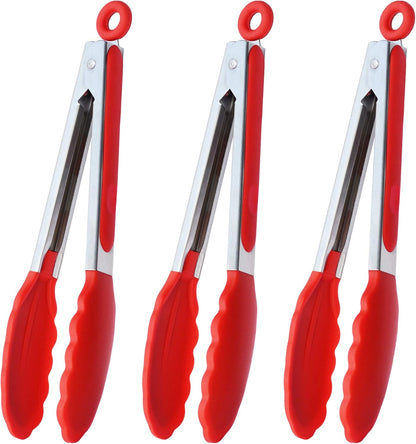 HINMAY Serving Tongs 9-Inch Cooking Tongs with Silicone Tips, Set of 3 (Black)