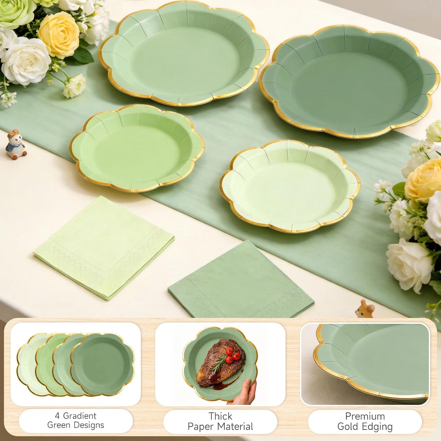 Sage Green Plates and Napkins Party Supplies for 20 Guests,Green Scalloped Paper Plates with Gold Rim, Elegant Disposable Tableware Set for Birthday,Baby Shower, Wedding, Bridal & Tea Party,60 PCS