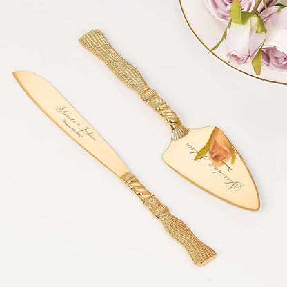 Cake Cutting Set for Wedding, Personalized Gold Cake Knife and Server Set, Custom Cake Serving Set, Engraved Pastry Pie Server Cake Pizza Cutter, Birthday Bridal Gift (F-Classic)