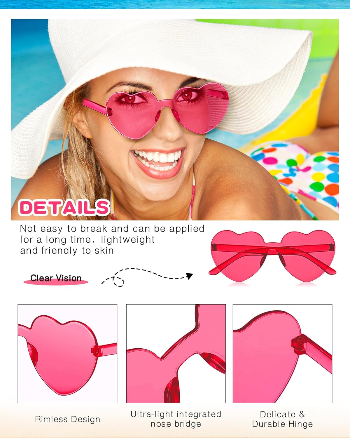 Photect 12 Pair Heart Shaped Sunglasses Neon Color Transparent Heart Glasses for Women Party Favor