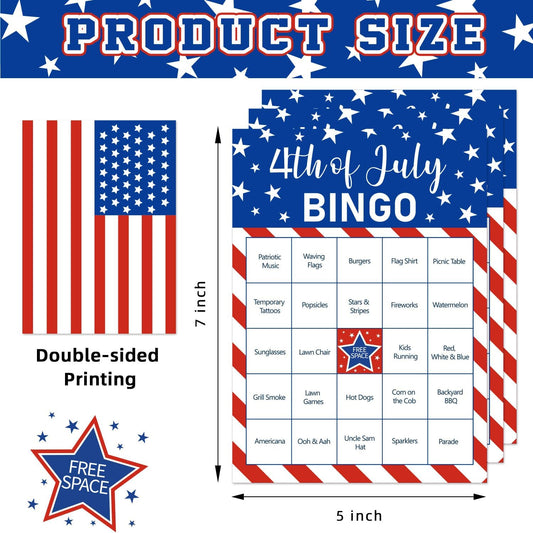 4th of July Bingo Game Set for 24 - Patriotic Party Activities, Independence Day Games for Family Reunion, School & Classroom Decorations – 5" x 7" Cards