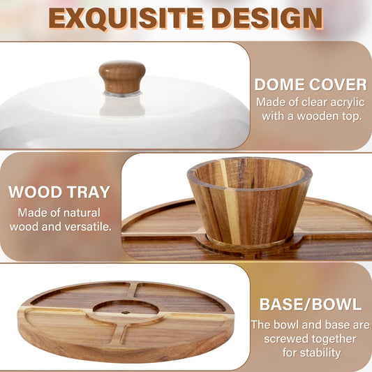 Bamboo Cake Stand with Lid, 6-in-1 Multifunctional Cake Plate, Cake Holder, Serving Tray, Fruit Platter, Salad Bowl, Dessert Table Display & Acrylic Cake Dome Cover