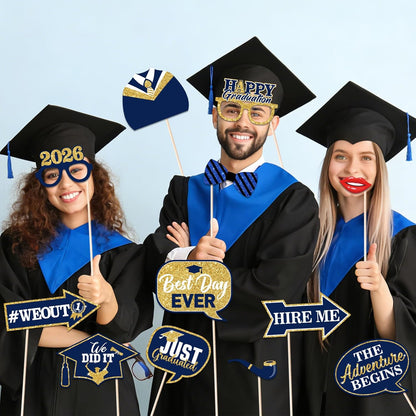 46Pcs Blue Gold Graduation Photo Booth Props 2026 Graduation Decorations with Sticks Class of 2026 Grad Party Favors Supplies for High School & College