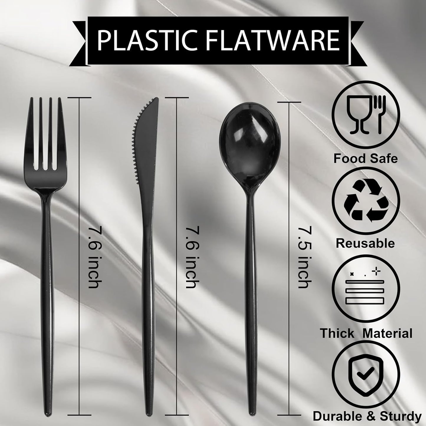 Supernal 180pcs Black Plastic Silverware Set - Heavy Duty Disposable Utensils (60 Forks, 60 Knives, 60 Spoons) - Elegant Black Cutlery for Parties, Weddings & BBQ