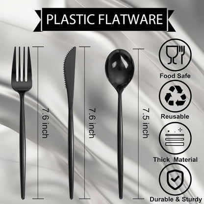 Supernal 180pcs Black Plastic Silverware Set - Heavy Duty Disposable Utensils (60 Forks, 60 Knives, 60 Spoons) - Elegant Black Cutlery for Parties, Weddings & BBQ