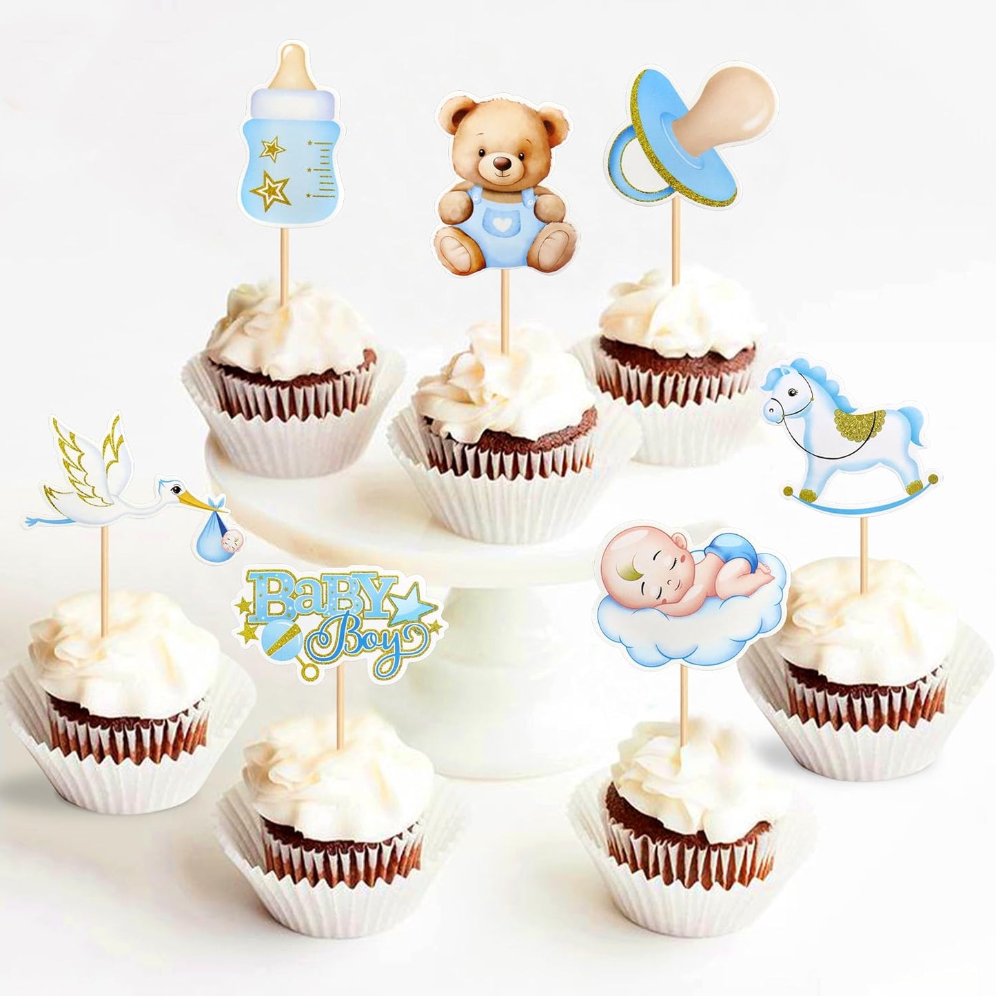 36Pcs Blue Baby Bear Cupcake Toppers Balloon Teddy Bears Cupcake Picks for Blue Baby Shower Gender Reveal Boys Bearly Birthday Cupcake Decorations We Can Bearly Wait Party Decorations Supplies