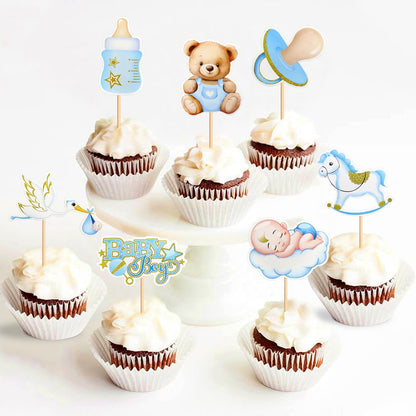 36Pcs Blue Baby Bear Cupcake Toppers Balloon Teddy Bears Cupcake Picks for Blue Baby Shower Gender Reveal Boys Bearly Birthday Cupcake Decorations We Can Bearly Wait Party Decorations Supplies