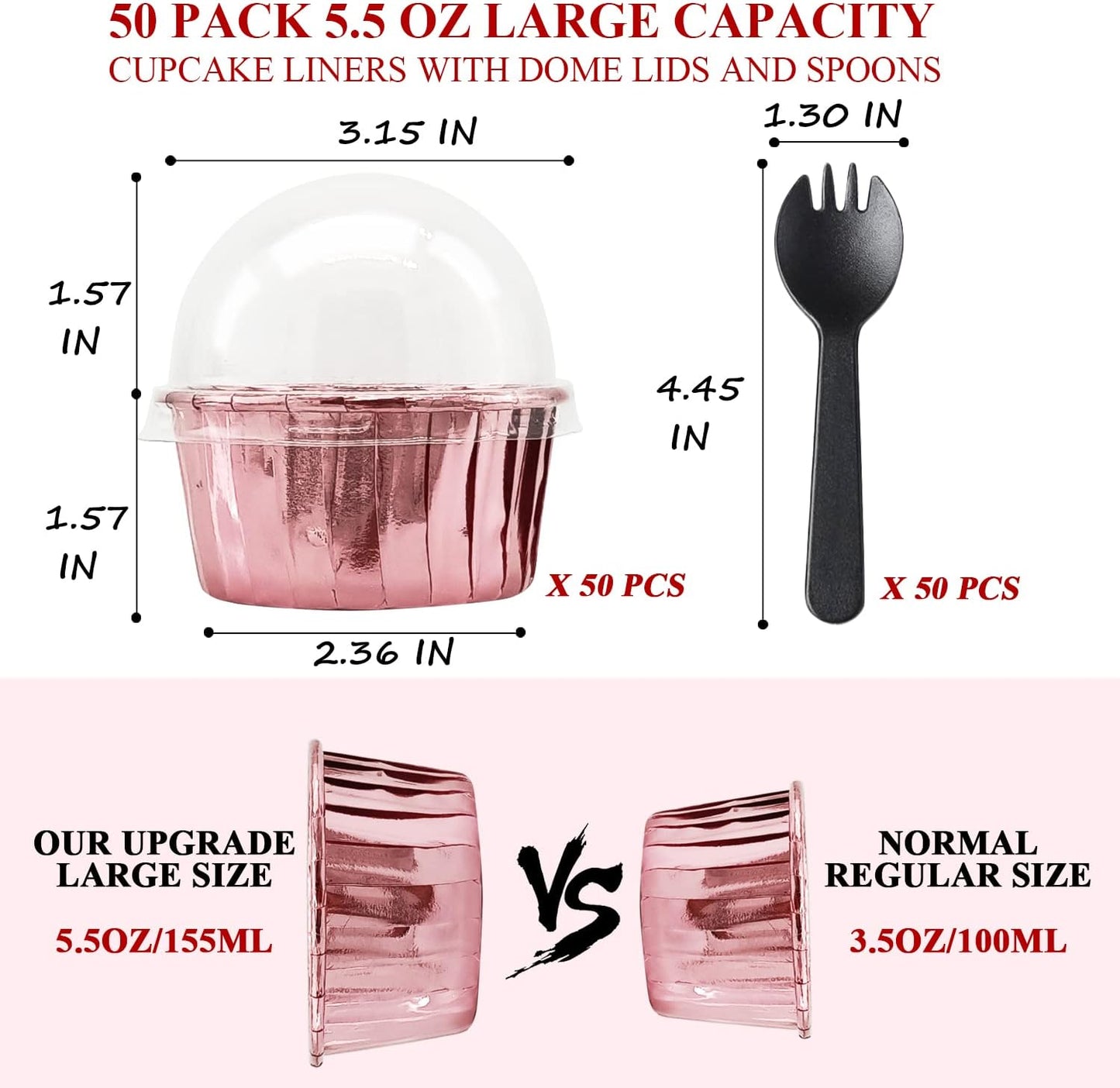 Cupcake Liners with Lids 50 Pack,LNYZQUS 5oz Large Foil Cupcake Cups Muffin Tins,Disposable Baking Cups Muffin Liners Wrappers Holders for Wedding Valentine-Pink in gold