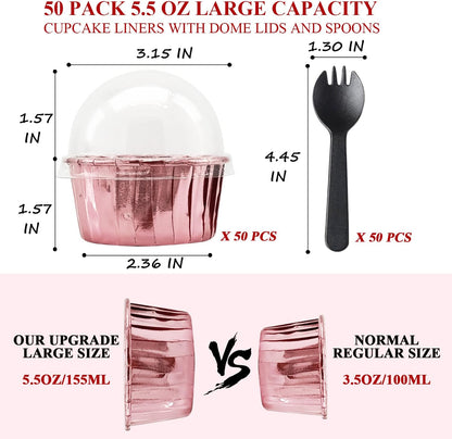 Cupcake Liners with Lids 50 Pack,LNYZQUS 5oz Large Foil Cupcake Cups Muffin Tins,Disposable Baking Cups Muffin Liners Wrappers Holders for Wedding Valentine-Pink in gold