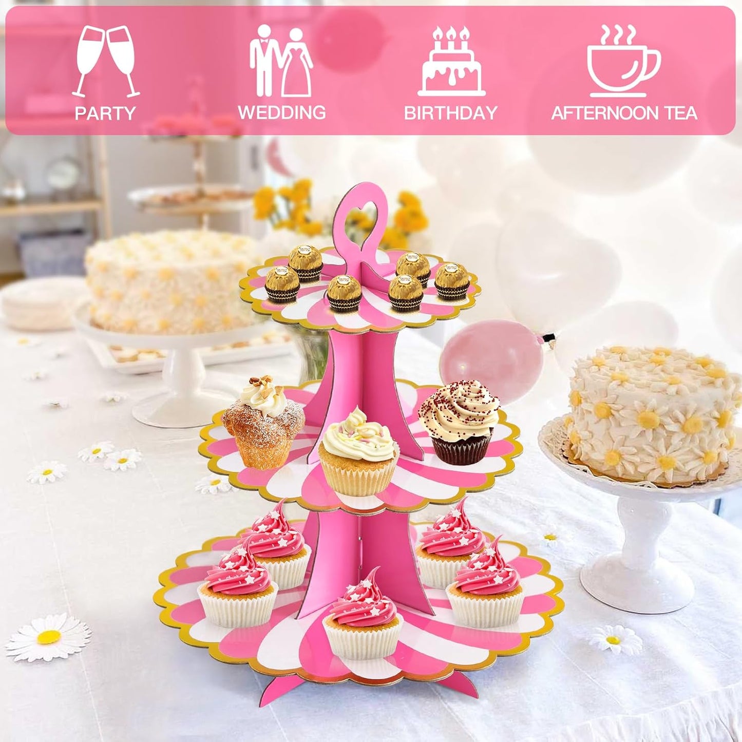 Soleebee 3-Tier Cupcake Stand, Cardboard Cupcake Tower, Dessert Cup Cake Stand Tower for Birthday Wedding Party Decoration, Cupcake Tier Stand 1 Set (Black)