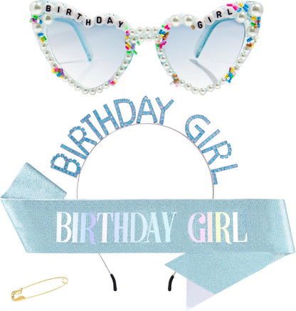 3Pcs Birthday Girl Sash Headband Set-Birthday Sash Tiara and Crown Sunglasses for Girls Women